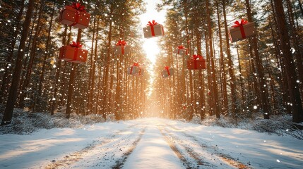 Festive woodland scene with gifts floating over a snow-covered road