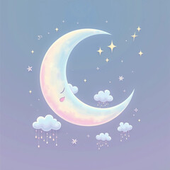 Adorable crescent moon design with pastel clouds and stars perfect for kids nursery decor or dreamy branding projects