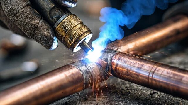 Skilled tradesman welding copper pipes with torch, creating sparks and smoke in workshop environment