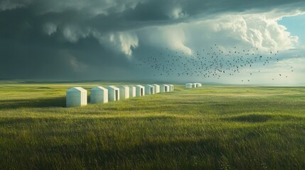 White structures line a vast grassy plain under a dramatic sky.