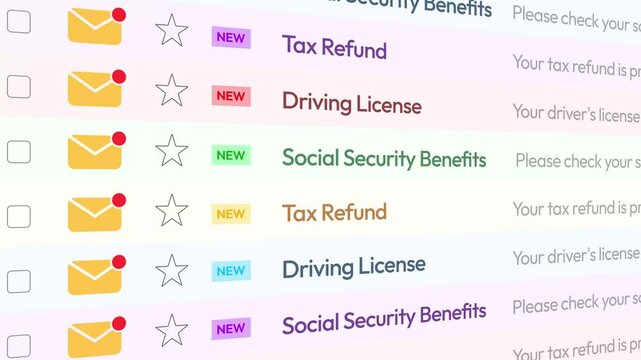 Tax refund and driving license emails list scrolling 4k animation. Email, message, government, legal, ssn benefits