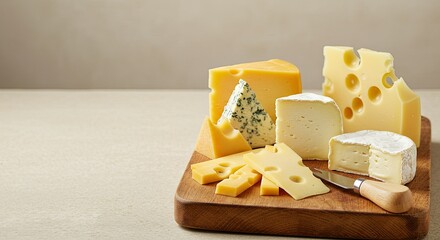 Various types of cheese on a rustic wooden board. Copy space to the left.	
