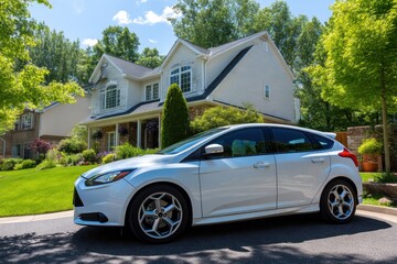 Awhite car parked in front of a house