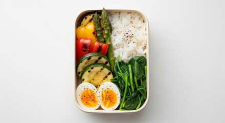 Minimalist bento box with grilled vegetables, rice, spinach and eggs