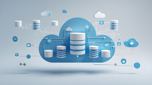Modern 3D cloud computing concept with floating servers, data connections, and storage icons in light blue and white theme