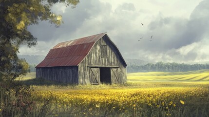 Rustic barn in a field of wildflowers