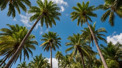 A canopy of green palm leaves fills the frame, lit by warm sunlight beneath a clear blue sky with scattered clouds.