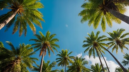 Obraz premium Towering palms sway gently above, their vibrant green leaves catching the summer sun in a tropical blue sky.