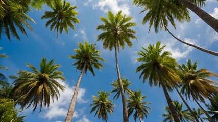 Obraz premium Lush palm fronds stretch skyward, glowing in sunlight against a bright blue sky dotted with soft white clouds.