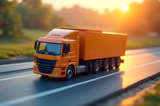 model of a closed-box truck on the road with a GPS symbol along the transparent road  on a white background,with clipping path