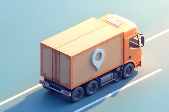 model of a closed-box truck on the road with a GPS symbol along the transparent road  on a white background,with clipping path