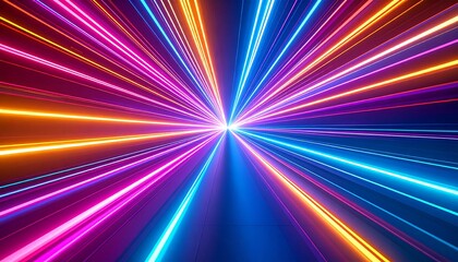 Futuristic tunnel of colorful laser beams creating a vibrant light display in motion