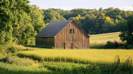 Obraz premium Rustic wooden barn in a golden field