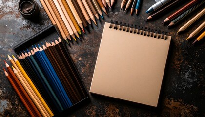 Fototapeta premium Cozy flat lay displaying a pencil and notebook on a modern metal surface for creativity