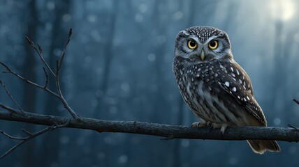 Curious owl perched on a branch in a moonlit night, wise and watchful