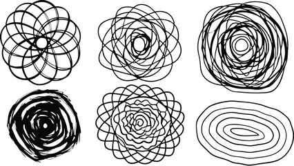 Collection of six abstract circular designs with varying line thickness and complexity on white background