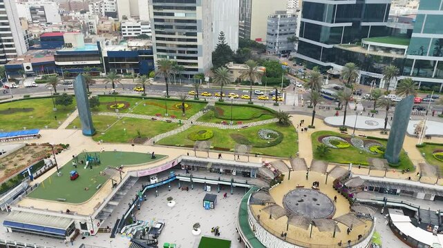 Drone Flyover of Larcomar Shopping Center Overlooking Costa Verde Highway and Pacific Coastline in Lima, Peru