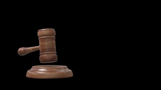 Court or auction gavel striking a wooden base - 3D rendered video