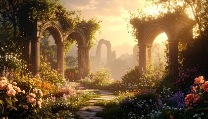 Fototapeta premium Enchanting garden with vibrant flowers and elegant arches creating a dreamy atmosphere