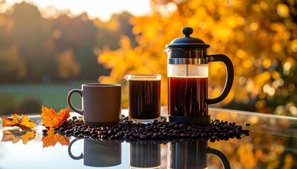 Cozy flat lay with coffee and cup on a table surrounded by coffee beans and french press