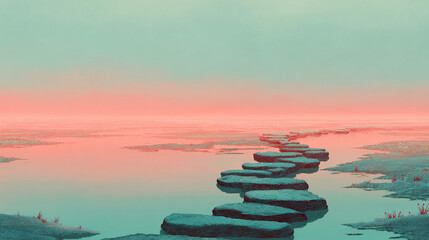 A digital painting of a zen stone path at dawn