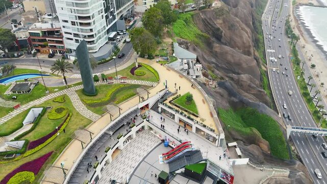 Aerial Footage of Larcomar&rsquo;s Upper Terrace and Park Overlooking Downtown Miraflores in Lima, Peru