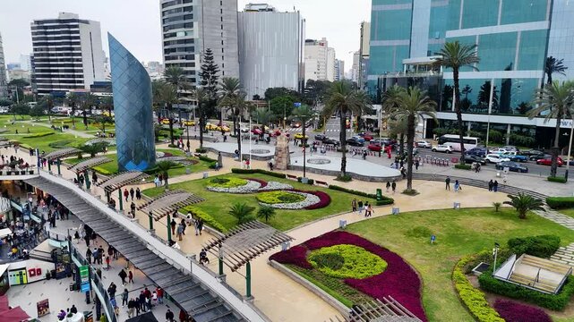 Drone Flyover of Geometric Gardens and JW Marriott in Miraflores, Lima