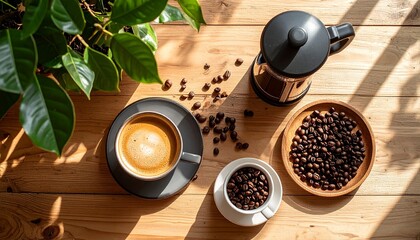 Cozy flat lay of coffee beans and french press on wooden table with a ceramic mug