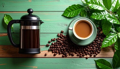 Cozy flat lay featuring a coffee pot and a cup of coffee with aromatic beans around