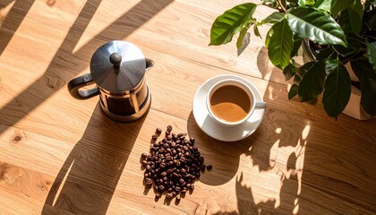 Cozy flat lay of coffee pot and ceramic mug with coffee beans on wooden surface