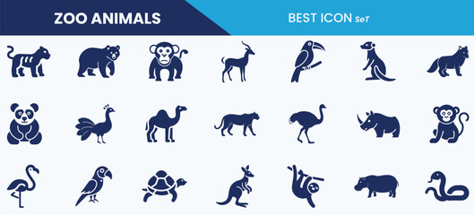 Fototapeta premium Zoo animals icon set collection. Tiger, monkey, rhinoceros, panda, flamingo, kangaroo, bear, ostrich. Vector illustration.
