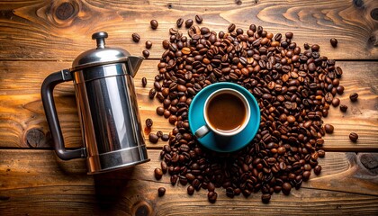 Cozy flat lay of french press, coffee pot, beans, and ceramic mug on wooden surface