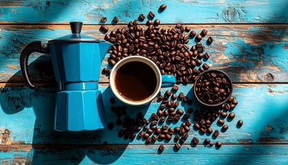 Cozy flat lay of french press, coffee pot, beans, and ceramic mug on wooden surface