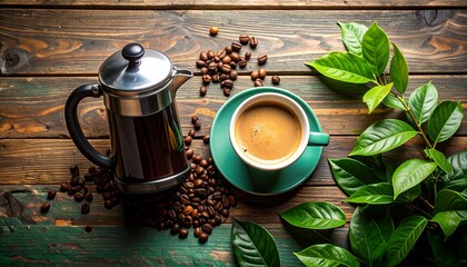 Cozy flat lay of a cup of coffee with fresh coffee beans on rustic wooden surface
