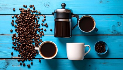 Cozy flat lay of coffee beans and french press with ceramic mug on wooden surface