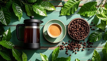 Cozy flat lay of coffee pot and ceramic mug with coffee beans in bowl on wooden surface
