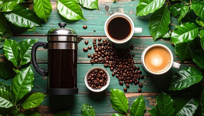 Cozy flat lay of coffee beans and french press with ceramic mug on wooden surface