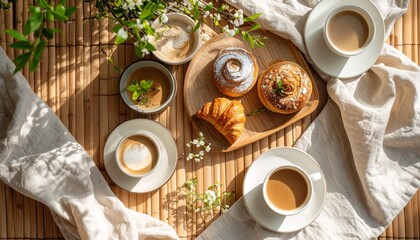 Delightful table with coffee cup and plate of pastries surrounded by a linen napkin