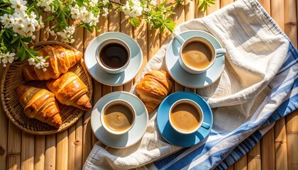 Cozy flat lay of coffee cups and croissants on a bamboo surface with a linen napkin