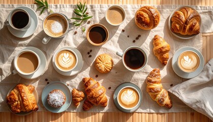 Cozy table setting showcasing fresh coffee and assorted pastries for a relaxing morning