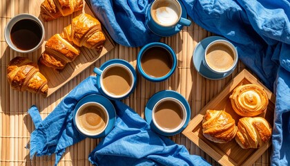 Cozy flat lay of a tray with pastries and cups of coffee on bamboo surface with napkin