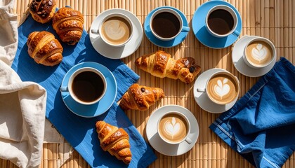 Charming table setting with fresh coffee and croissants for a cozy morning experience