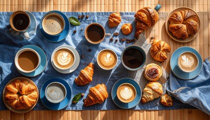 Warm and inviting table with various coffee cups and bowls of delicious food on display