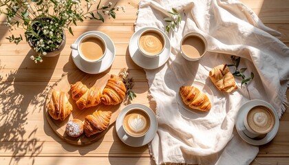 Cozy flat lay of fresh croissants and coffee cups on a bamboo surface with linen napkin
