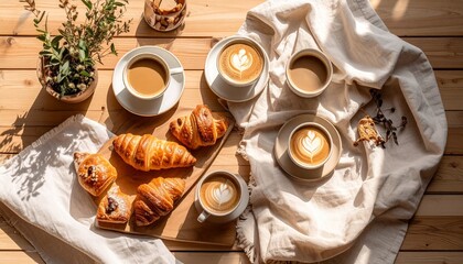 Cozy table arrangement featuring coffee and croissants with a linen napkin on bamboo surface