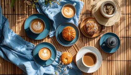 Charming coffee table setting with croissants and blue napkin on bamboo surface display