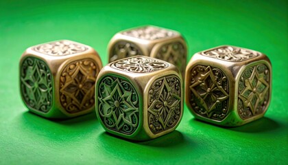 Set of ancient ivory dice featuring intricate celtic symbols on a green screen background