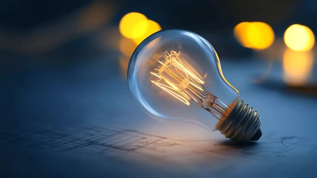 A glowing filament bulb shines over a blueprint surrounded by drafting tools and handwritten notes.