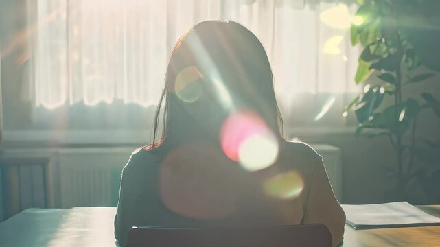 Back View of Person Working at Desk with Warm Sunlight