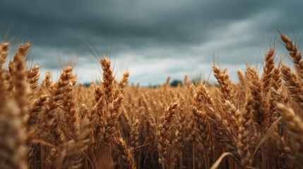 Fototapeta premium Golden wheat field under dramatic clouds with serene rural ambiance